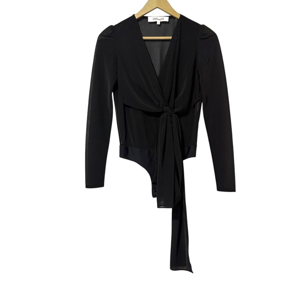 Diane Von Furstenberg Black Bow Tie Long Sleeve Bodysuit XXS Designer Dainty